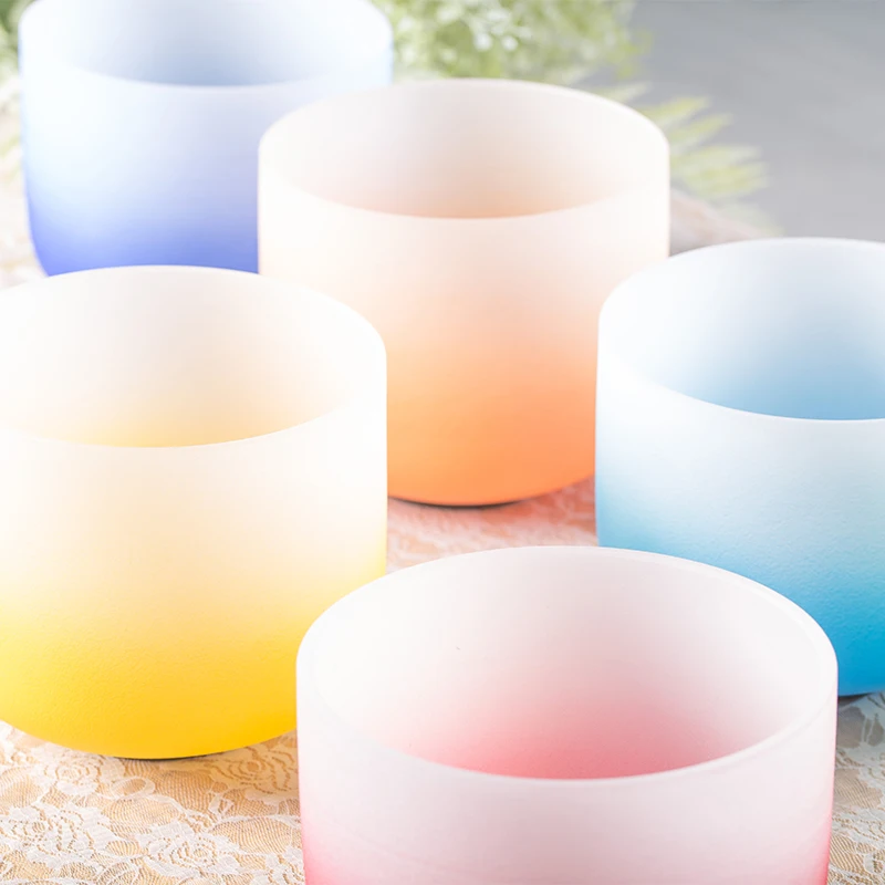 Seven half colors  Chakra Singing Bowl Set Sound Healing Healthy Free Mallets and O Rings Frosted Crystal Singing Bowls