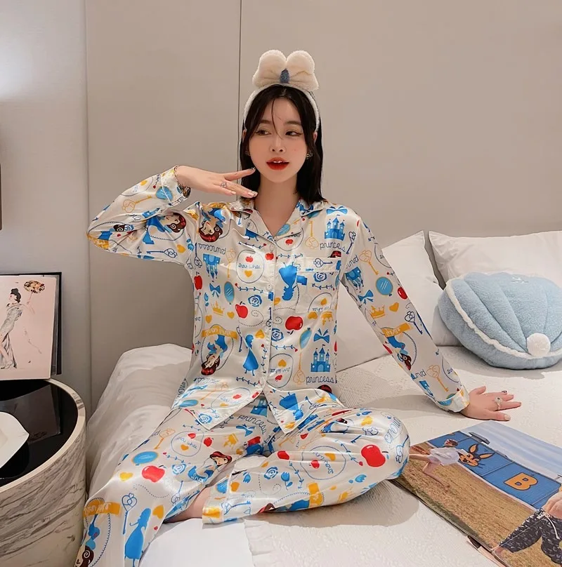 Custom Logo Satin Silk Women Loungewear Lady Pajamas Loose Long Sleeve Shirt Wide Leg Pants Set Pyjamas Female Home Outfits