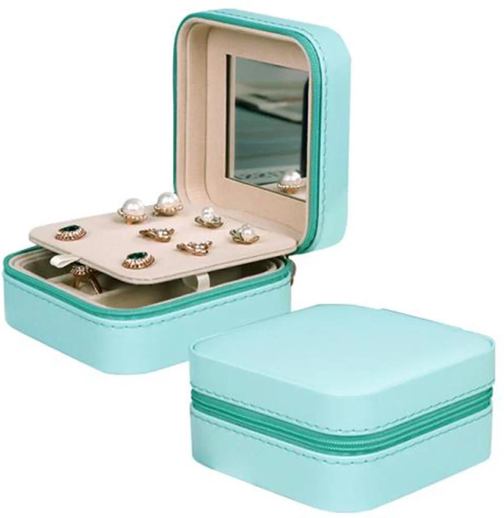 Leather Small Travel Jewelry Ring Earring Necklace Zipper Case Storage Organizer Blue Jewelry Box with Mirror Custom Logo Pink