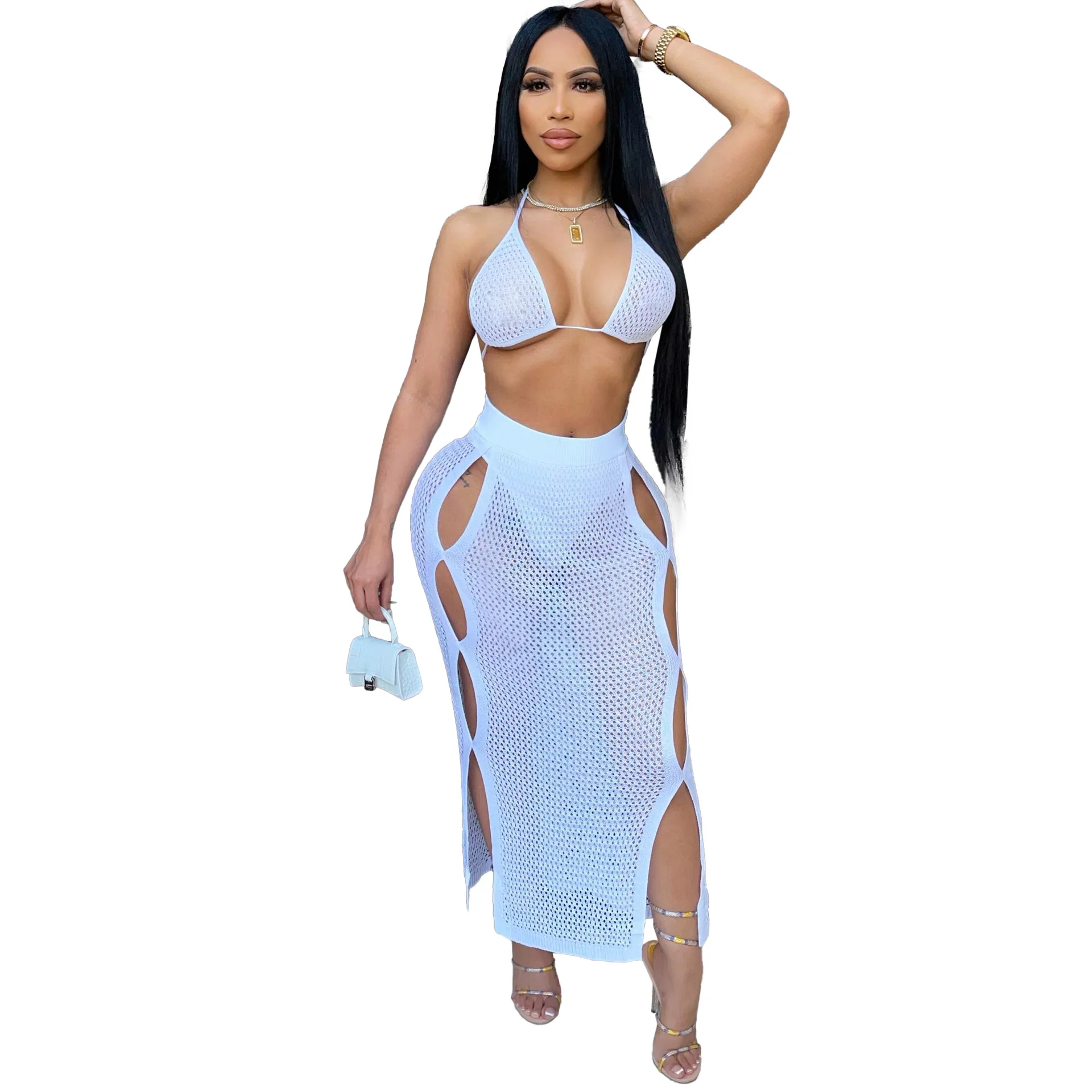 Summer Women Swimsuits Halter Cover Up Bikini+Hollow Out Long Skirt Two Piece Beach Wear Women Crotchet Knitted Bikini Swimwear