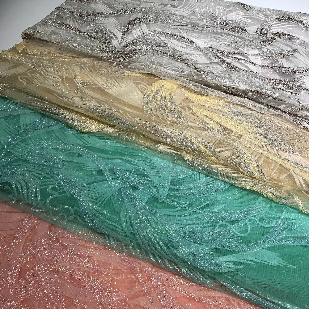 Peach/Ice Blue/White/Cream Shiny George African Nigerian Net Rhinestone Fabric Crystals Glitter Lace from China Wholesale Price