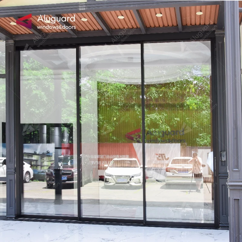 Auto sliding doors with infrared sensor opening europe black aluminium sliding door glass 3 panels curtain wall sliding door