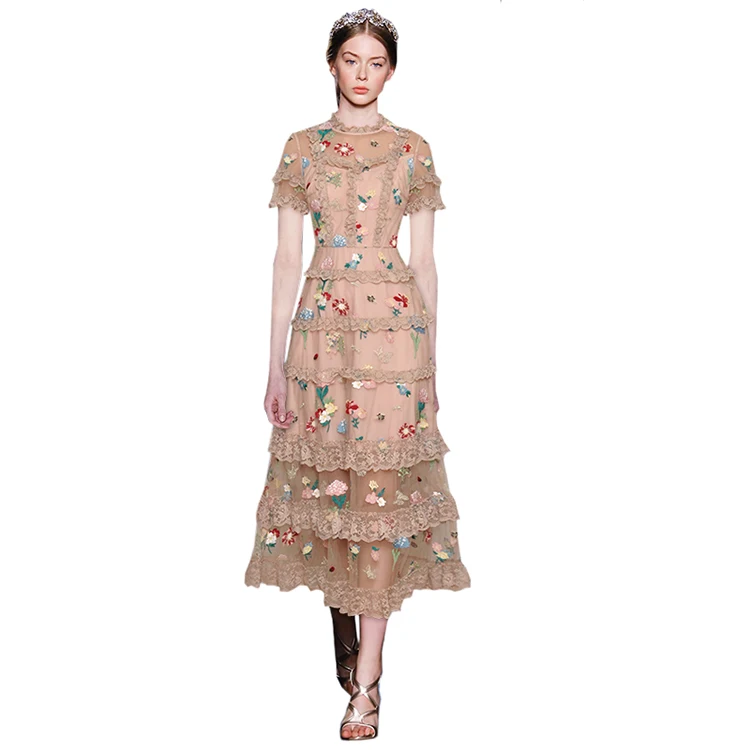 
2021 Spring Summer Stand Up Collar Short Sleeved Perspective Gauze Heavy Industry Lace Long Embroidery Dress 