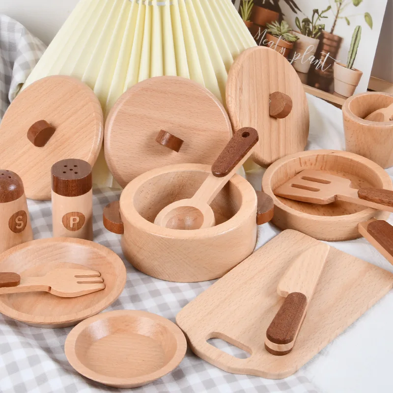 Natural Color Bamboo Kids Pretend Play Children Cooking Toy Mini Kitchen Wood Toys Real Cooking Set for Kids