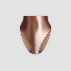 Sexy Shiny Thong Bikini Bottoms with Buttocks Silky Solid Bikini High Waist Tights Underpants High Fork Oily Briefs Large Size