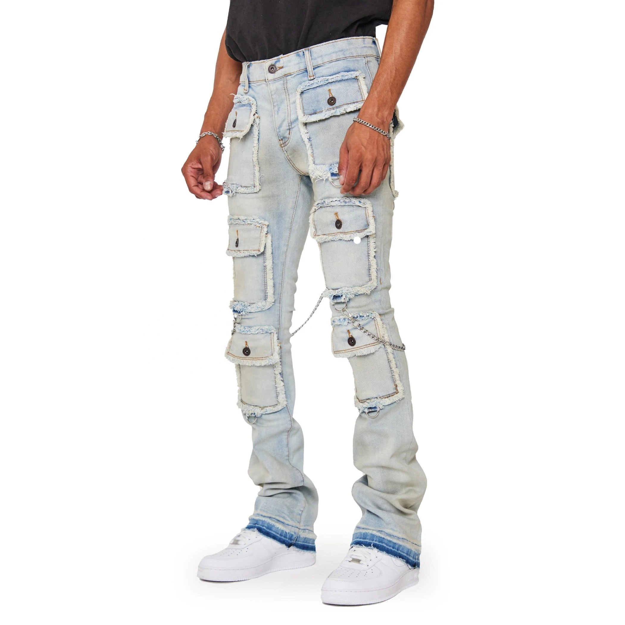 High Quality Men Denim Cargo Jeans Pants Fashion Custom Logo Winter and Summer Streetwear Blue Slim OEM Stacked Jean Men