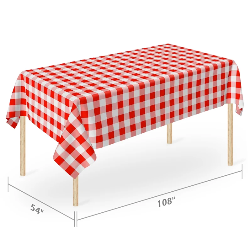 6 Pack Heavy Duty Solid PEVA 54*108 Inch  Red and White Plaid Disposable Thick Plastic Party Tablecloth
