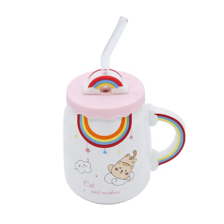 
Wholesale Cute Pattern Silicone Cover Coffee Mug Ceramic Straw Cup Breakfast Milk Cups for Girl Gifts 