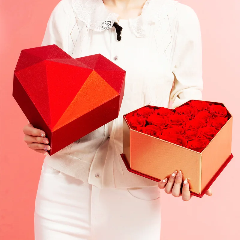 Luxury 3D heart shape rose flower gift box paper cardboard packaging red black gold pink orange valentines day flower hat box