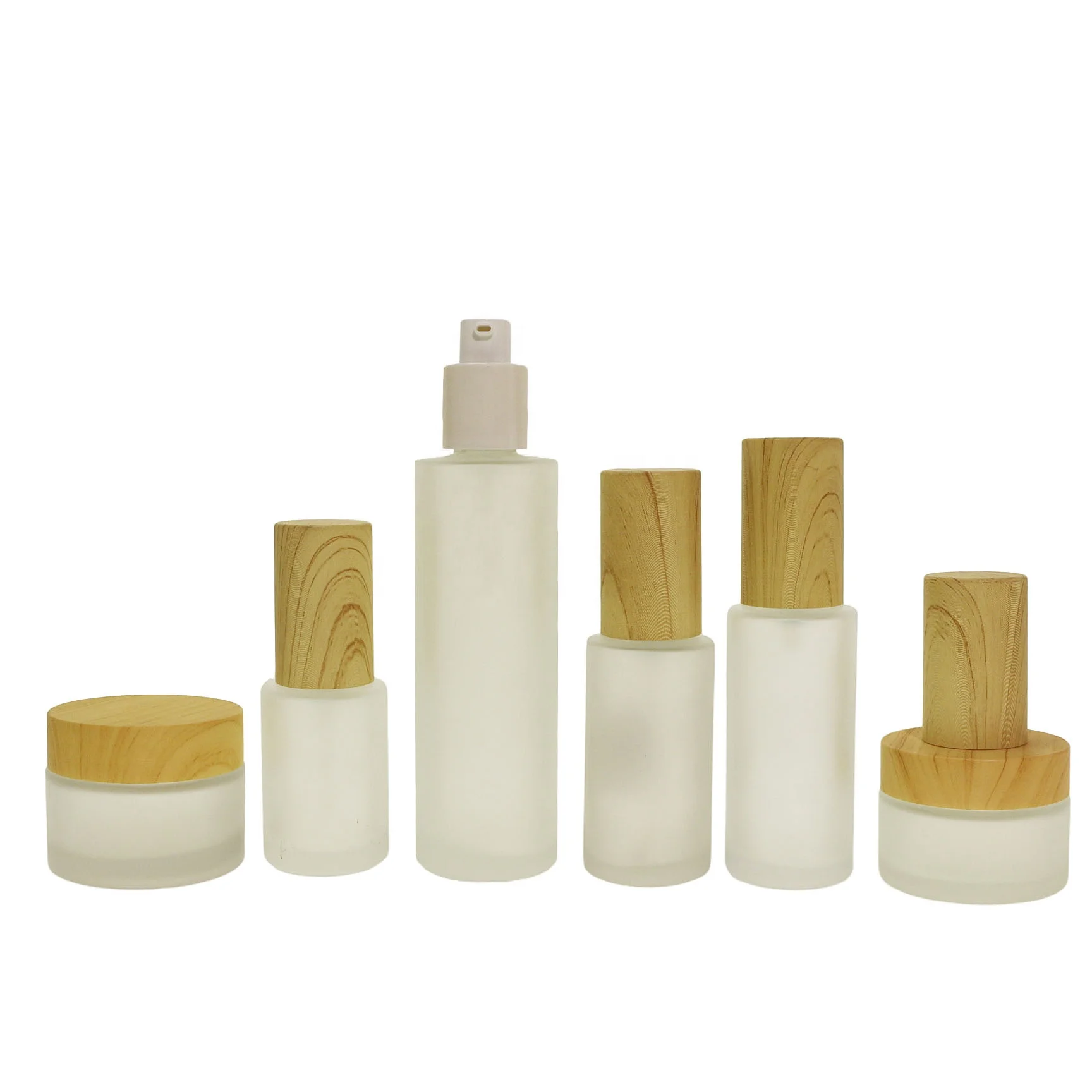 Skincare cosmetic frosted glass bottle with pump lotion cream jar with plastic bamboo lid LS-10Q