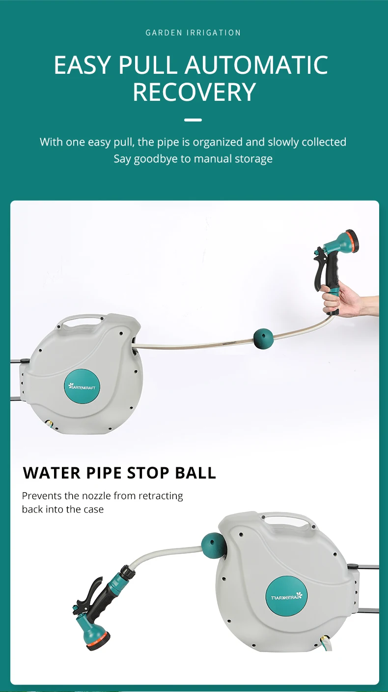 Wall Mounted Garden Hose Reel with 10- Function Sprayer Nozzle Any Length Lock and Slow Return for watering Garden