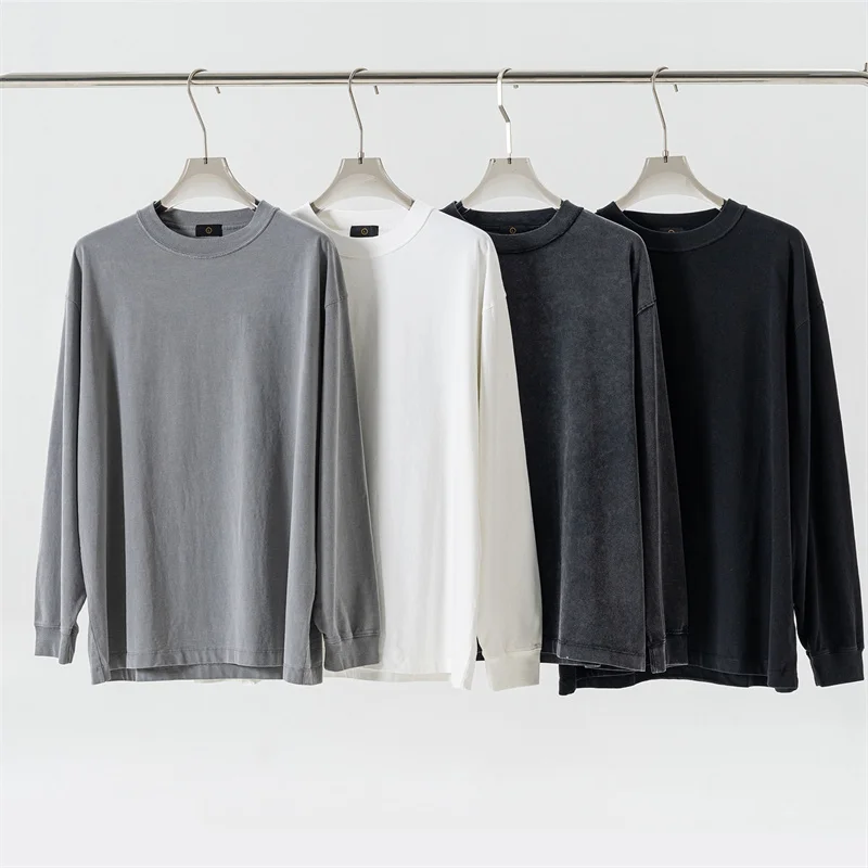 New Autumn 250GSM Distressed Long-Sleeved 100% Cotton T-Shirt Men Round Neck Loose Oversize Retro Style Trendy Acid Wash T-shirt