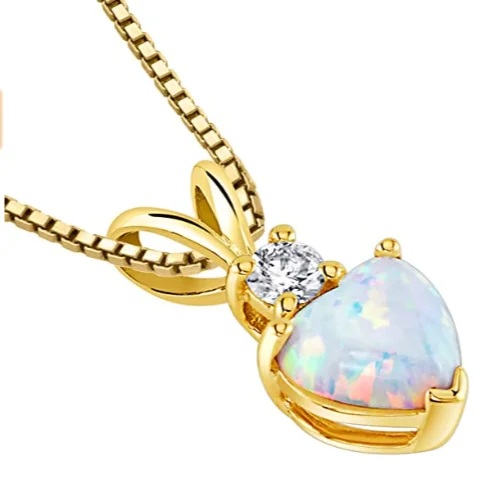 14K Gold  Heart Shape Created White Opal Diamond Pendant Necklace Perfect Designer Conception