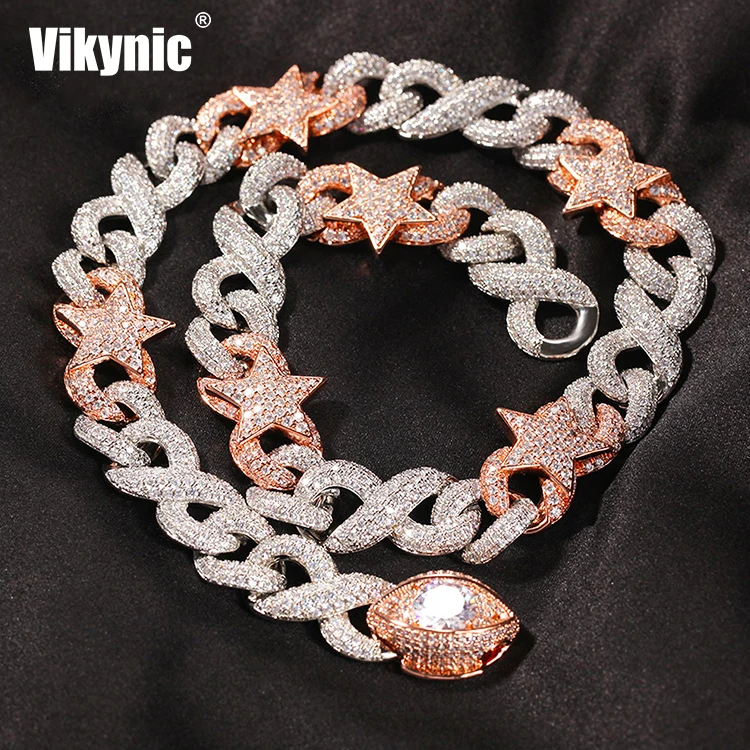
Hip Hop Two color five pointed star eye buckle 18K Gold Plated Cuban Link Chain Necklace Cubic Zircon Iced Out Cuban Link Chain 