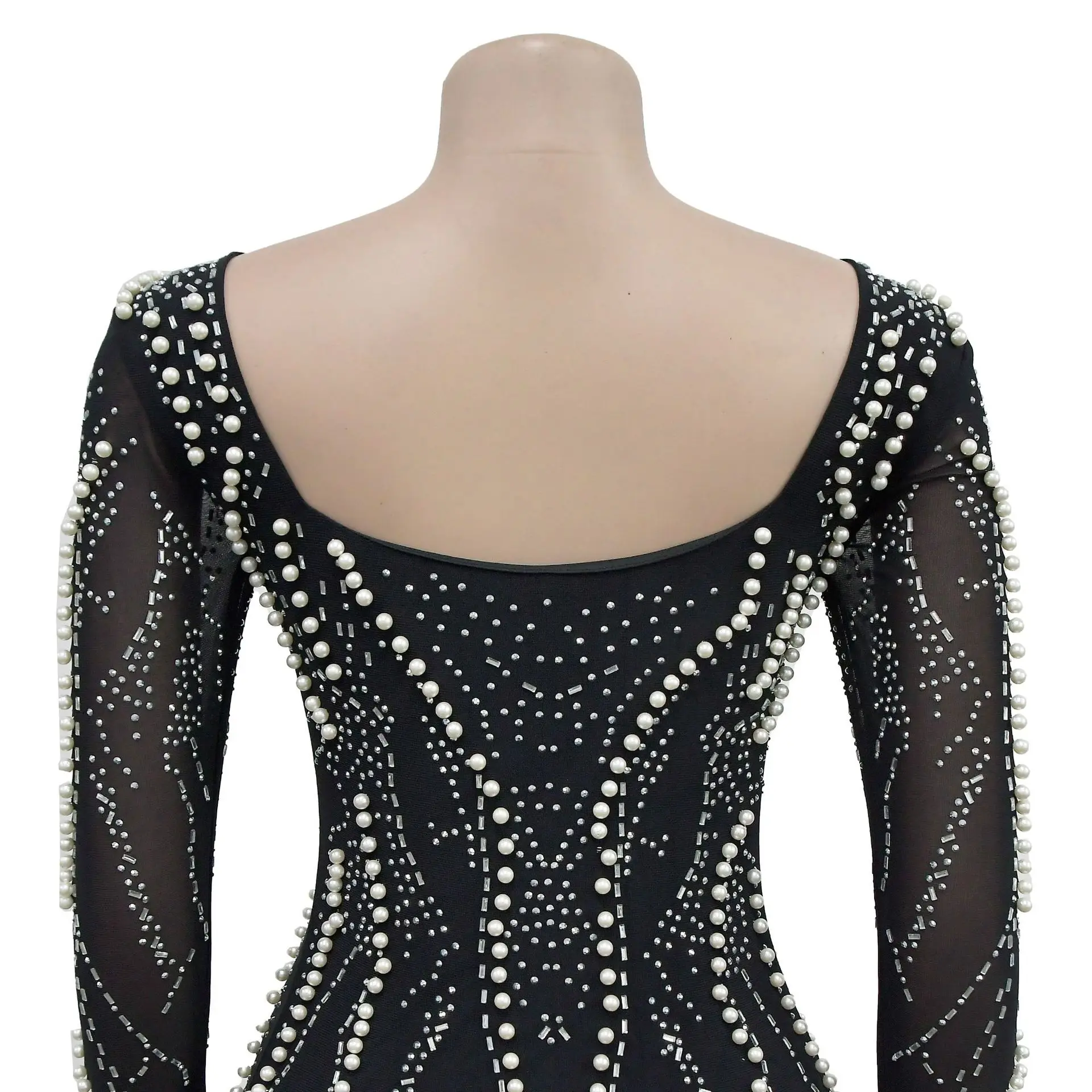 2023 Sexy Women Solid Color Mesh Rhinestone Evening Dress with Long Sleeved Short Skirt Mini Birthday Prom Dresses