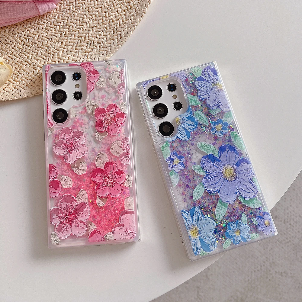 Luminous oil painting flowers Case Liquid Glitter Quicksand Shockproof Phone Case for Samsung S23 S22 S21 Ultra A73 A53 A7 4G 5G