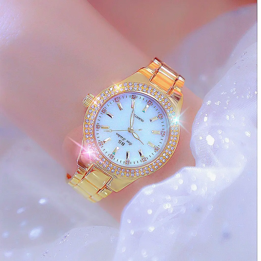 BS FA1258  Full Diamond Case Fashion Quartz Charm Luxury Watch Ladies Stainless Steel Alloy Gold Silver Quartz Watch