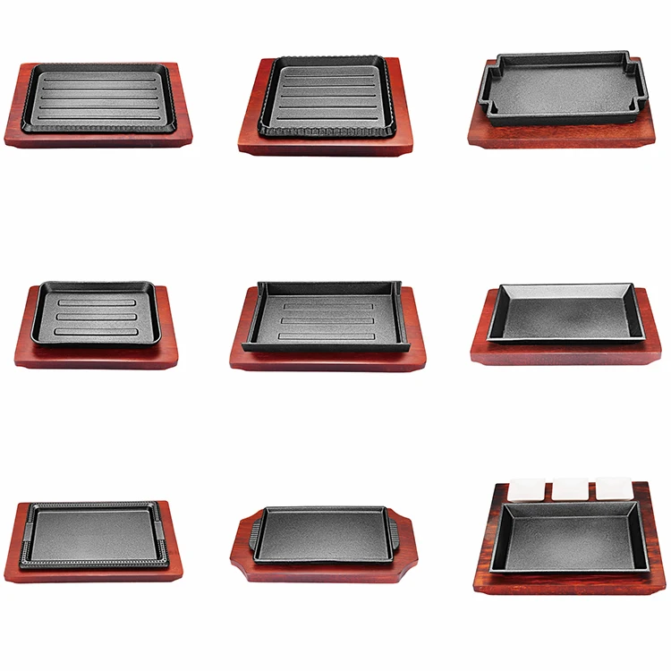 Round Square Shape Cast Iron Cooking Hot Frying Grill Fajita Skillet Sizzling Plate Set With Wooden Base Steak Pan