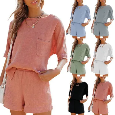 Summer fashionable home set women 2 piece set ladies cotton linen outfit with pocket for lady short sleeve and short pant