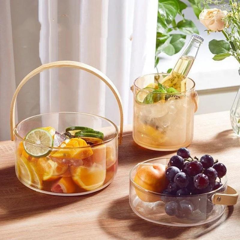 Antique Different Sizes Borosilicate Tableware Serving Bowl Big Fruit Cylinder Glass Bowl With Handle
