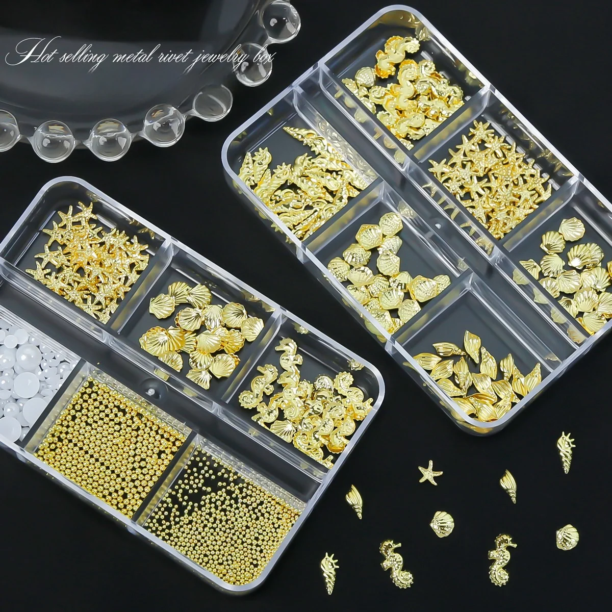 Hot Selling Rivets Seashells Pearls Starfish 6-grid Mixed Nail Accessories Ocean Style Nail Decoration Diamonds