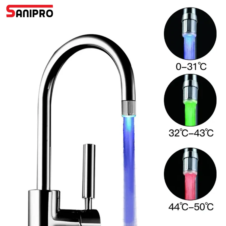 SANIPRO Smart LED Temperature Sensitive 3-Color Light-up Kitchen Bathroom Basin Water Saving Faucet Aerator Tap Nozzle Head