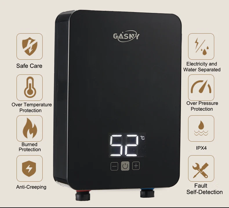 Low water pressure start square glass shell 6000w touch screen smart hot water supply instant electric water heater