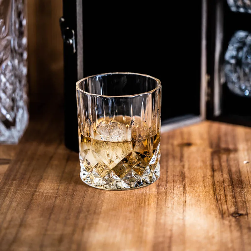 wholesale custom oem crystal rock glasses cup glass whiskey wooden box gift set