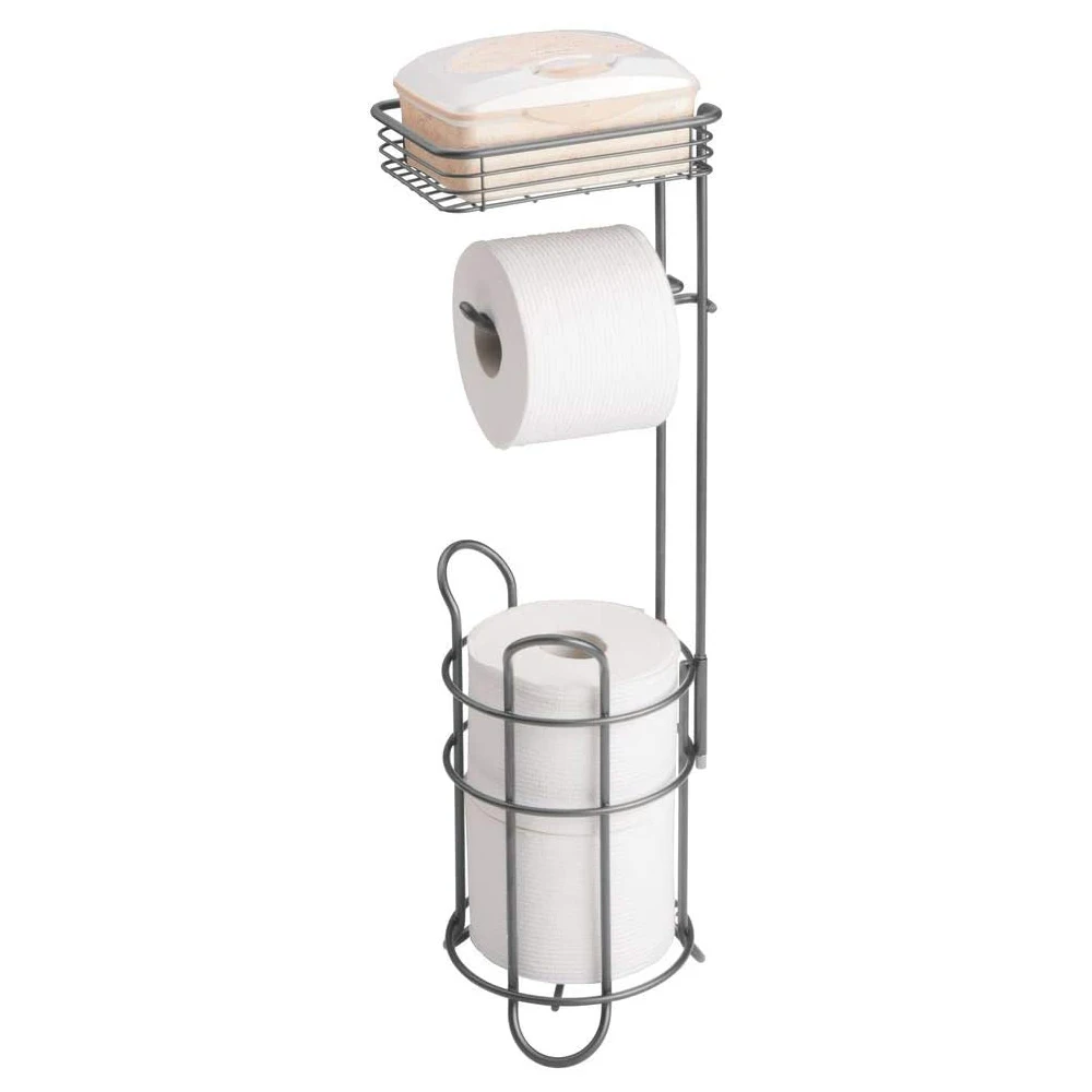 Bathroom Freestanding Metal Wire Toilet Paper Roll Holder Stand and Dispenser with Storage Shelf for Cell Mobile Phone