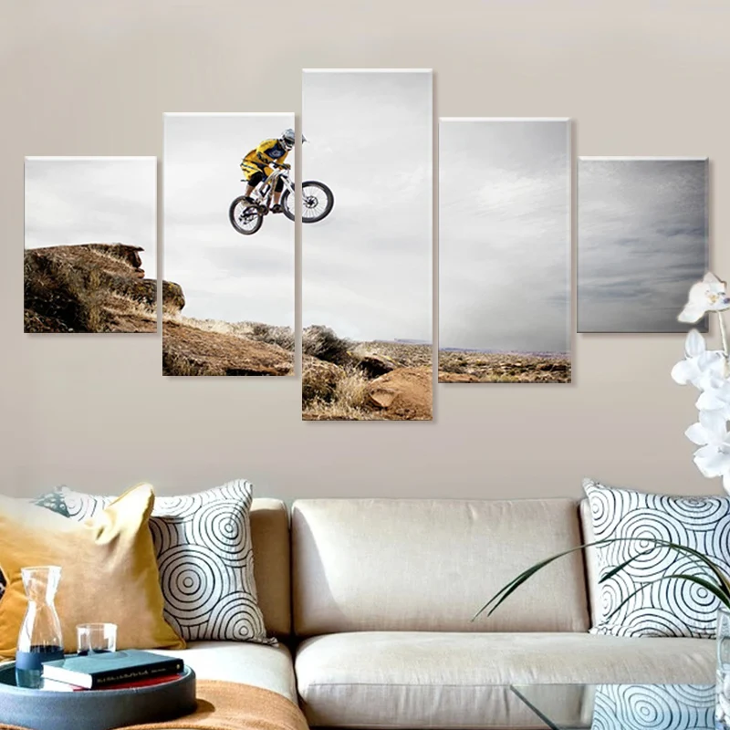 Home Decor Canvas Print Painting 5 Panel Bicycle Jump Mountain Picture Bike Sport Poster For Living Room Wall Art Decorative