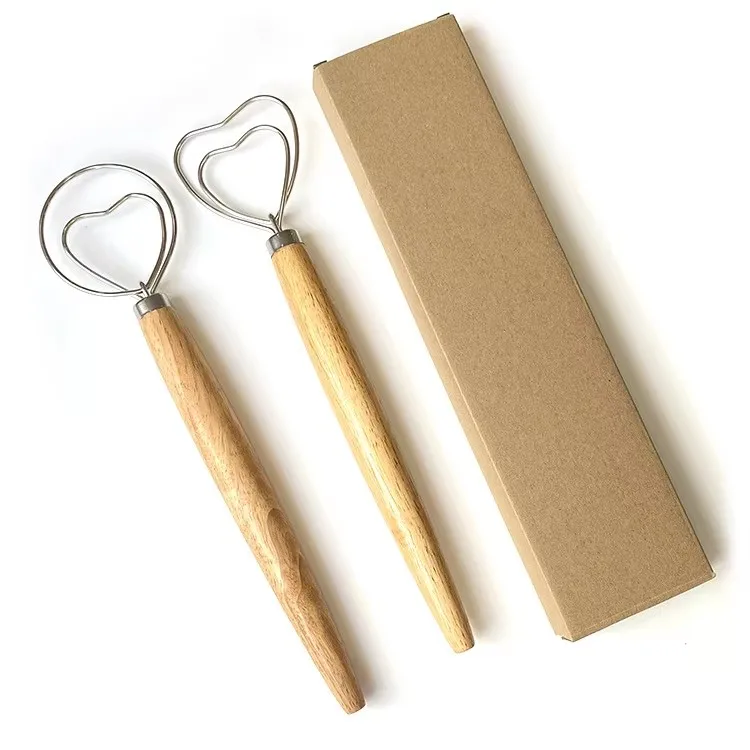 New Arrival Heart Shaped Stainless Steel Danish Whisk Dough Whisk Bread Whisk With Wooden Handle