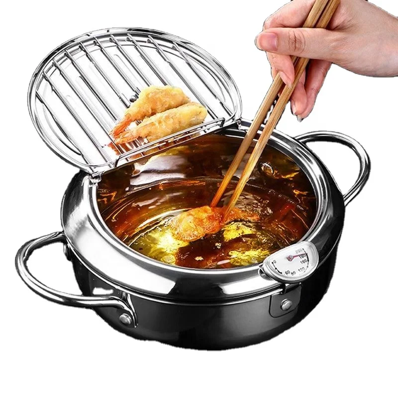 NEW Style Deep Frying Pot With a Thermometer Cooking Tools Tempura Fryer Pan Temperature Control Stainless Steel Fried Pot