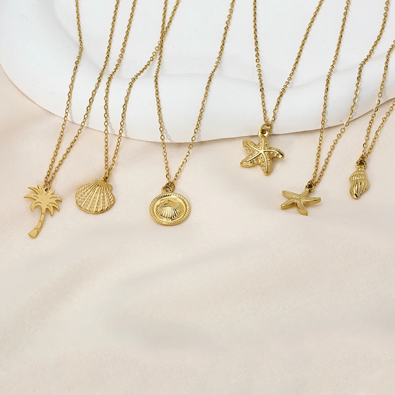 Stylish 14K Gold Plated Stainless Steel Conch Seashell Starfish Coconut Palm Pendant Necklace Waterproof Jewelry