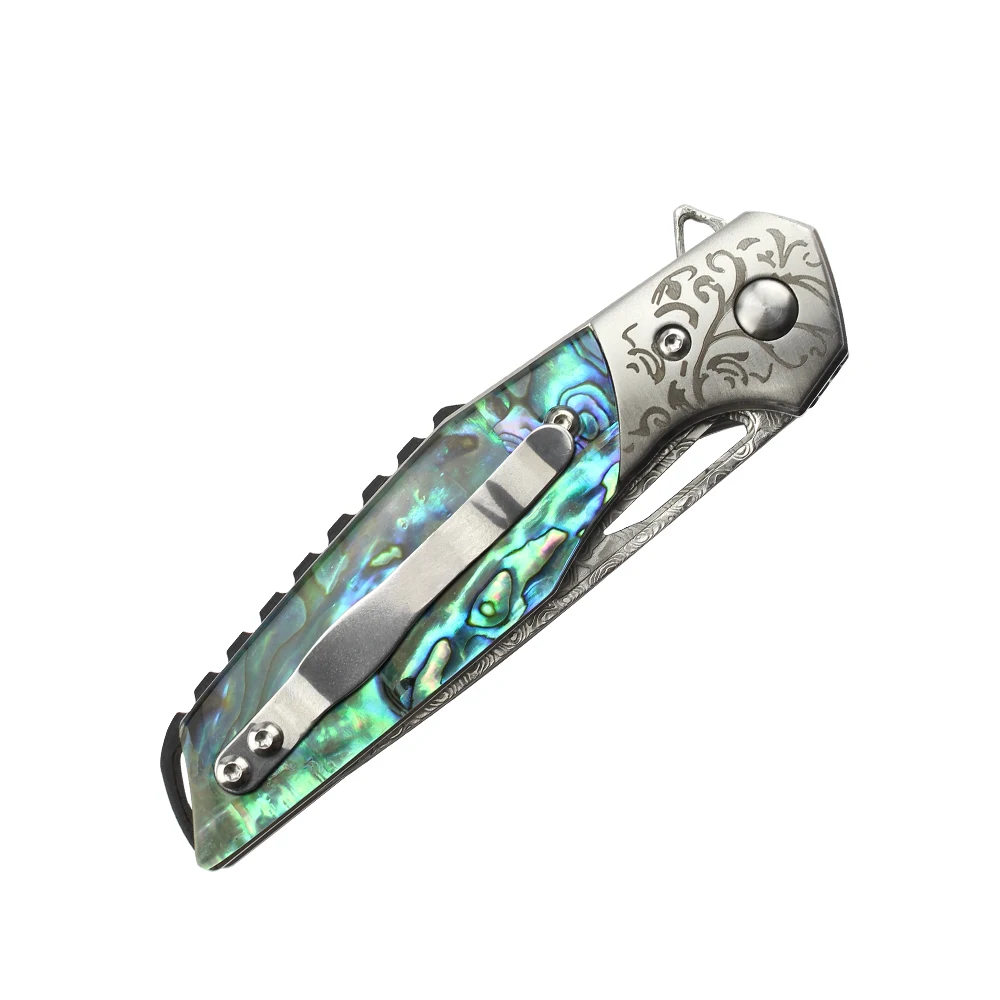 Best selling product custom Survival Knife Damascus Blades Blade & Abalone hell resin Handle Ball bearing folding knife