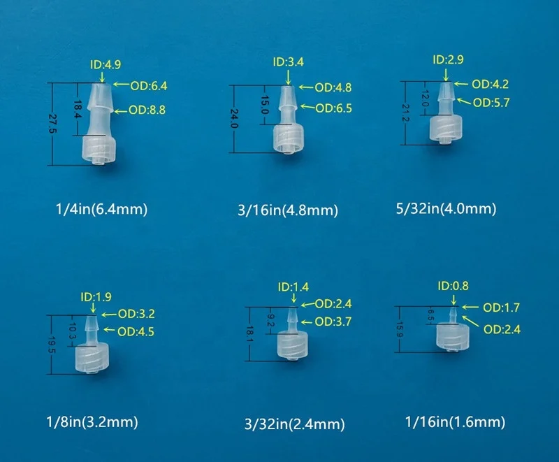 1/16 3/32 1/8 5/32 3/16 1/4 PP Male female hose tubing luer barb adapter connector luer lock