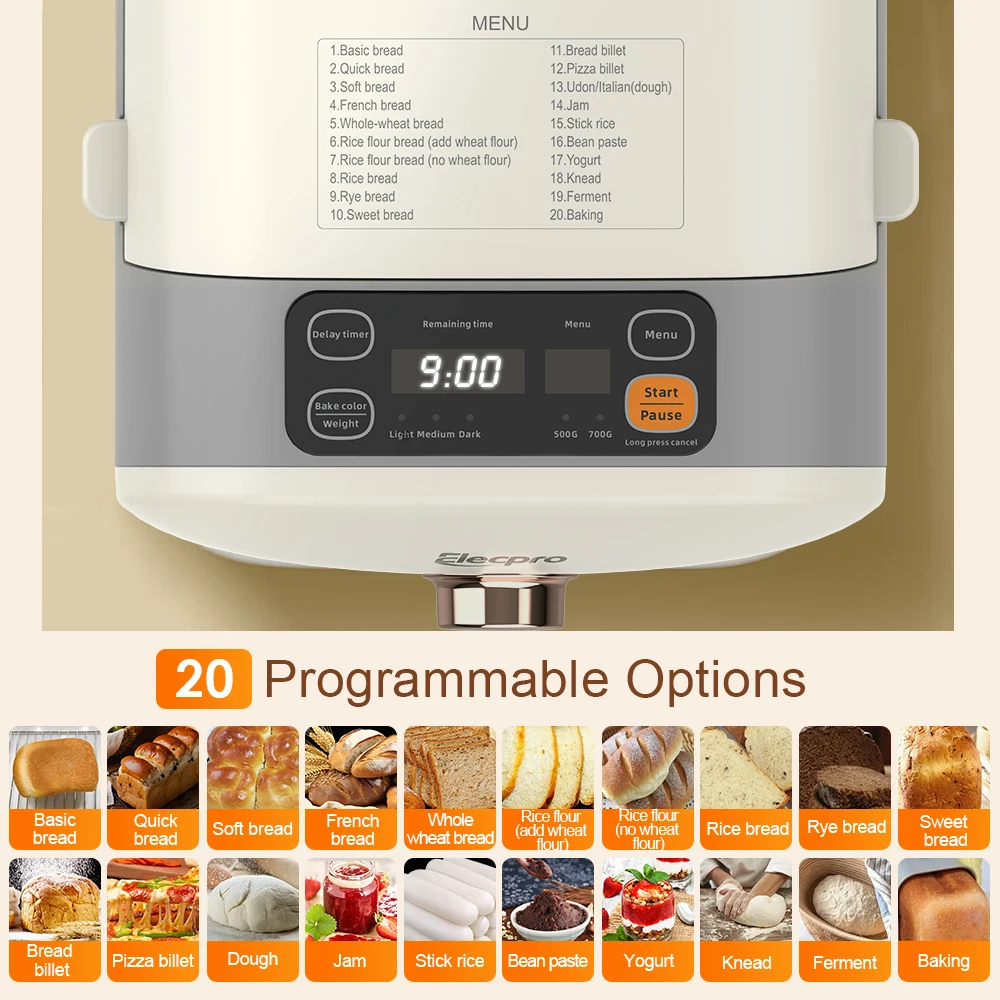 2024 hot selling 500g/750g home use multi-function electric automatical household bread maker with 20 menu