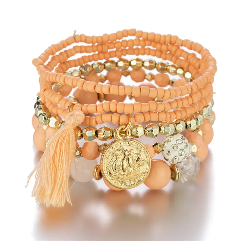 HOVANCI Gold Coin Beautiful Women Bracelets Matching Multilayer Tassel Charm Beads Bracelet