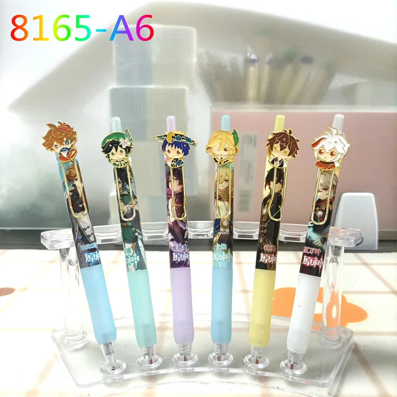 6Pcs kawaii Metal Doll Game Genshin Impact Cartoon Stationery Gel Pen Wanderer Tartaglia Barbatos Kaveh Zhongli Kaedehara Kazuha