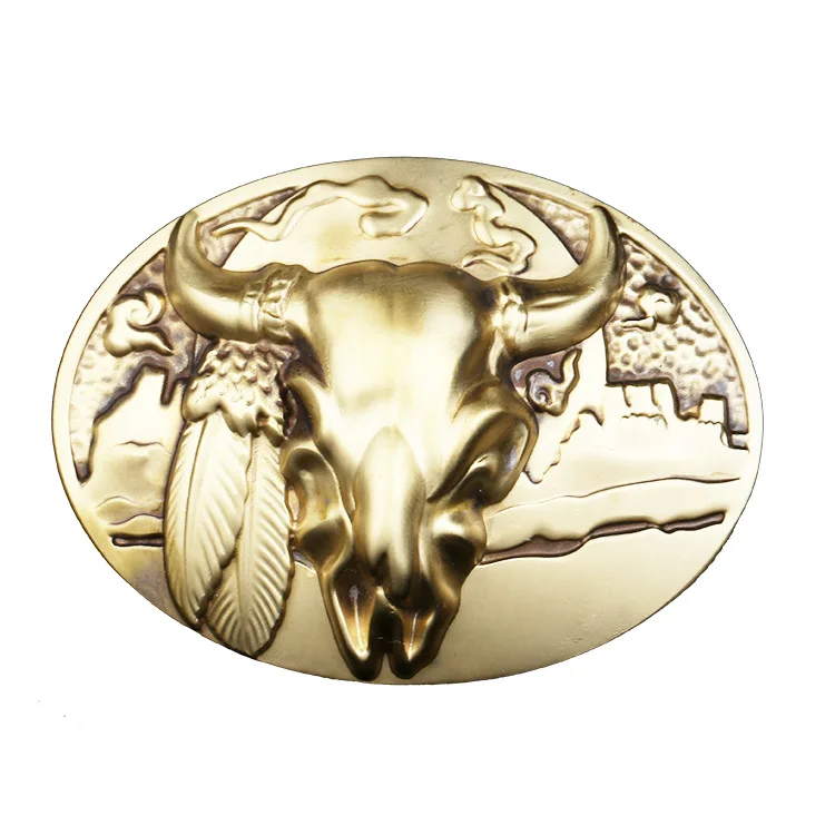 Inner size 40mm solid brass oval shape 3D embossed bull head western belt buckle