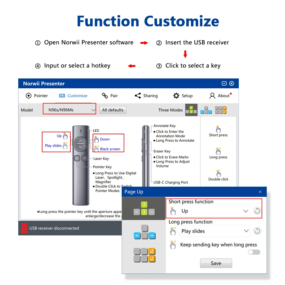 Norwii Highlight Powerpointer Presenter Laser Pointer USB, Projector Pointer Air Mouse Presenter Rechargeable Laser Pointer