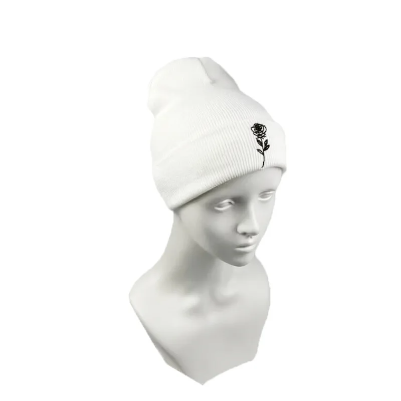 Wholesale Fashion Romantic Rose Embroidered Beanie Knitting Hat gift Solid Acrylic Couple Cuffed Knitted hats for Women Men