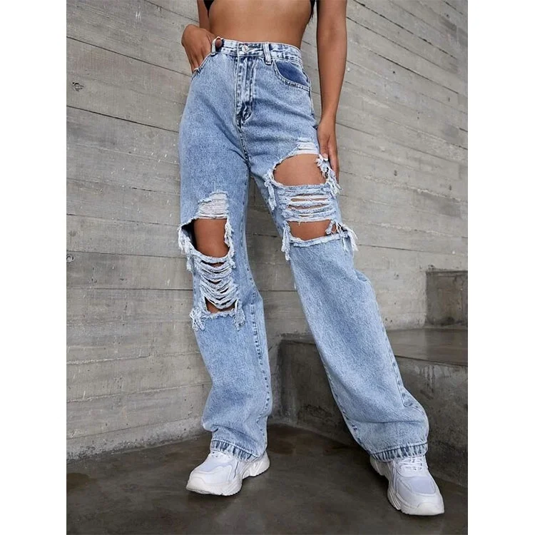 Wholesale New High Waisted Ripped Jeans Casual Wide Leg Denim Pants Outfit For Girls