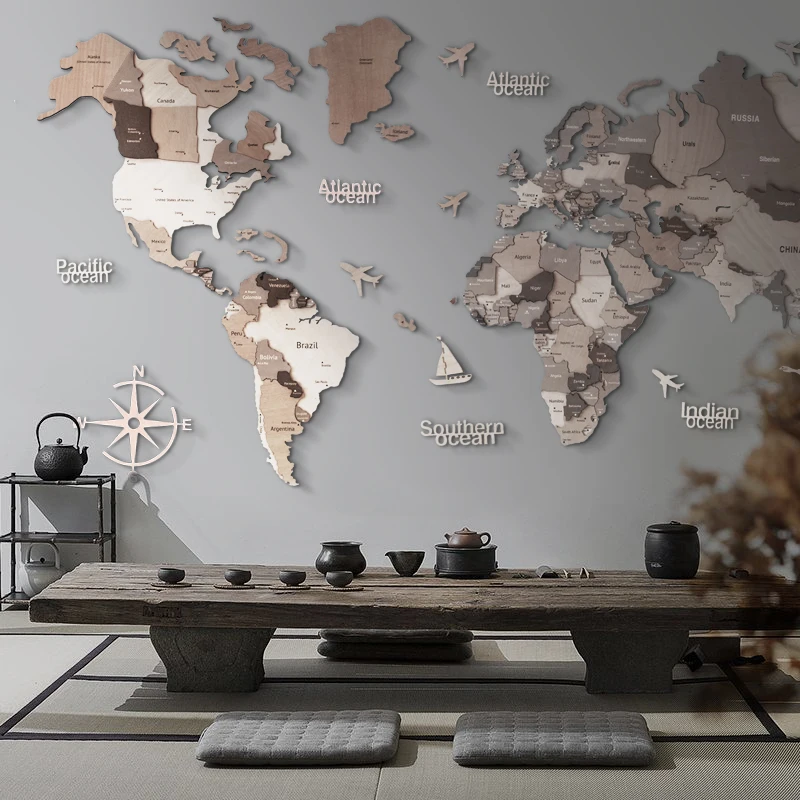 Custom Wholesale map wall art decor 3d wooden world map puzzle for Home & Kitchen or Office