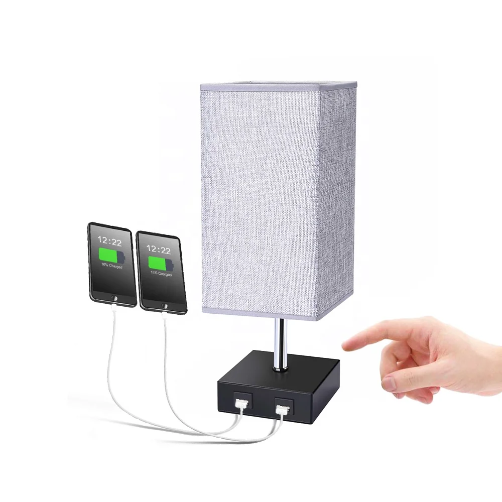 Настольная USB-лампа прикроватные лампы с 2 USB-портами для зарядки спальни ночник серой тканевой затеняющей