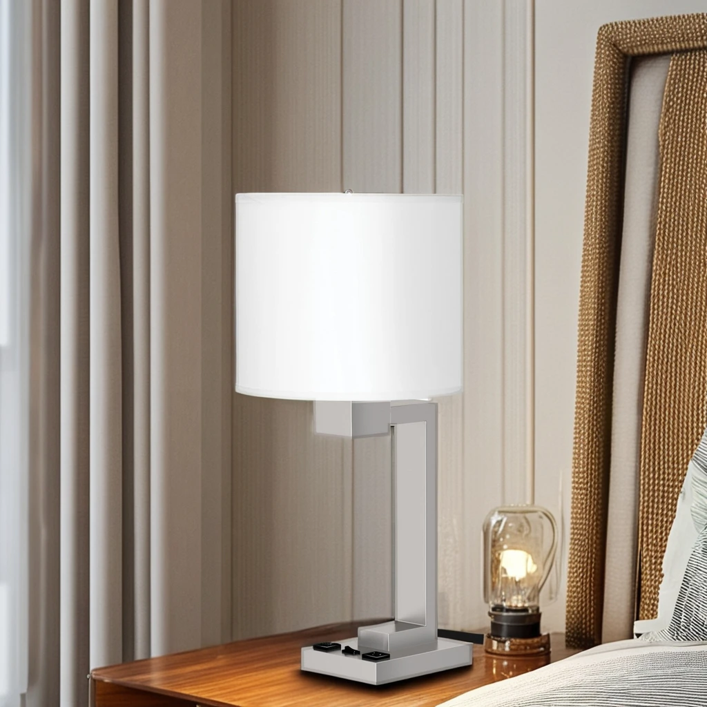 Modern Metal Desk Bedside Lamp with USB Power Outlets E26/E14 Bulb Base Drum Shade Table Lamp for Hotel Home Bedroom Living Room