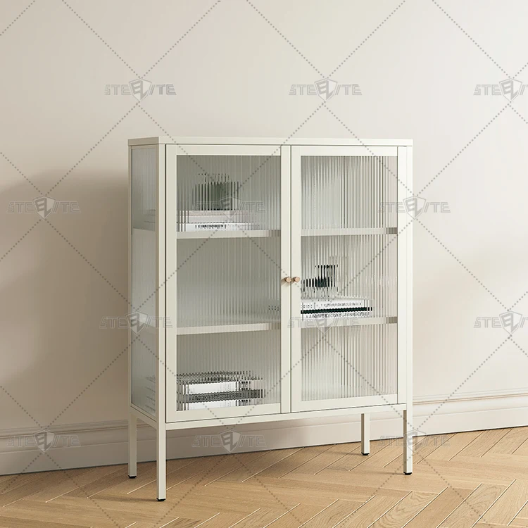 Wholesale metal glass cabinet household furniture 2 door wave glass book storage cabinet glass wine display cabinet
