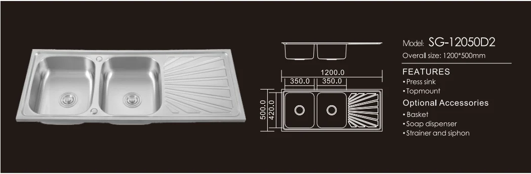 12050 Stainless Steel Kitchen Sink Two-Double Bowl Wash Laundry Board Drainboard Cabinet Counter Installation Brushed Surface