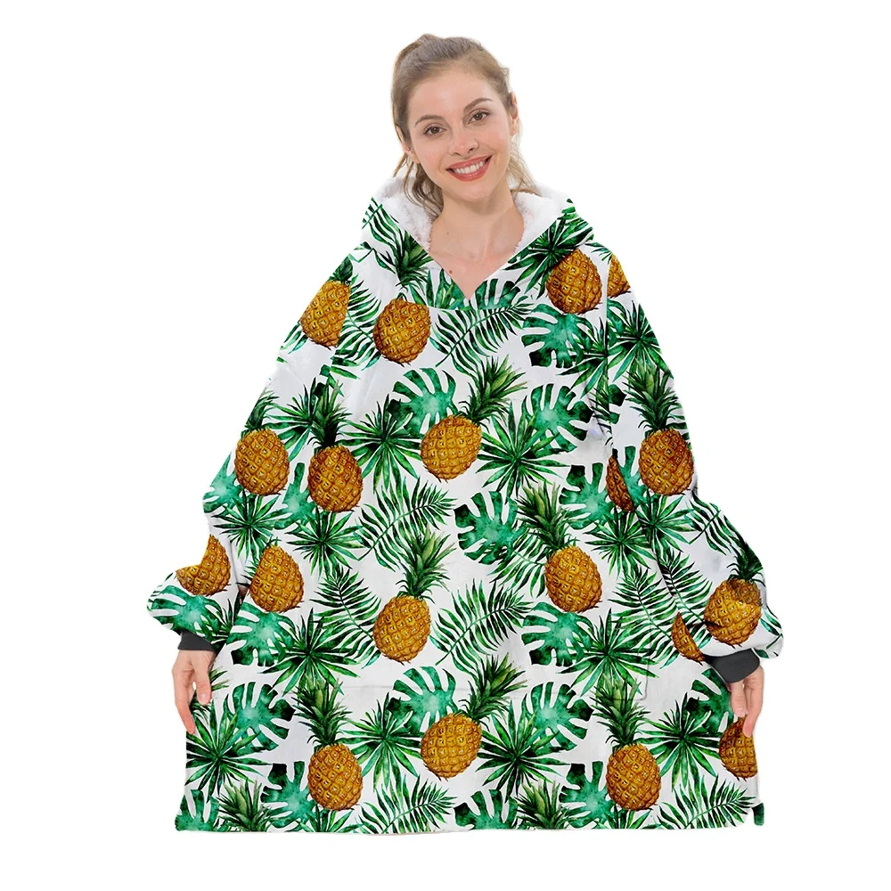 Pineapple Patterned Flannel Velvet Blanket Comfortable Home TV Cover Woven Lazy Hooded Bed Accessory