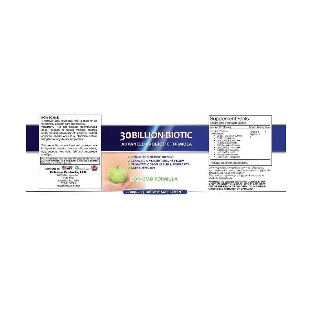 Расширенный пробиотики со светодиодной подсветкой из 30 млрд колониеобразующих единиц для здоровой иммунной системы (30 капсулы)