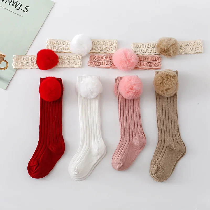 Autumn and winter new mid-length socks sweet solid color hairball socks for girls headband set